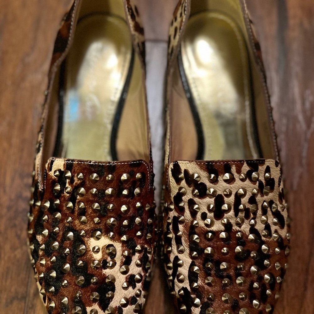 Kenneth Cole NY loafers with gold studs. Black, brown, and gold calf-hair.